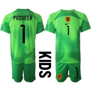 Holland Remko Pasveer #1 Målmand Hjemmebanesæt Børn VM 2022 Kort ærmer (+ korte bukser)